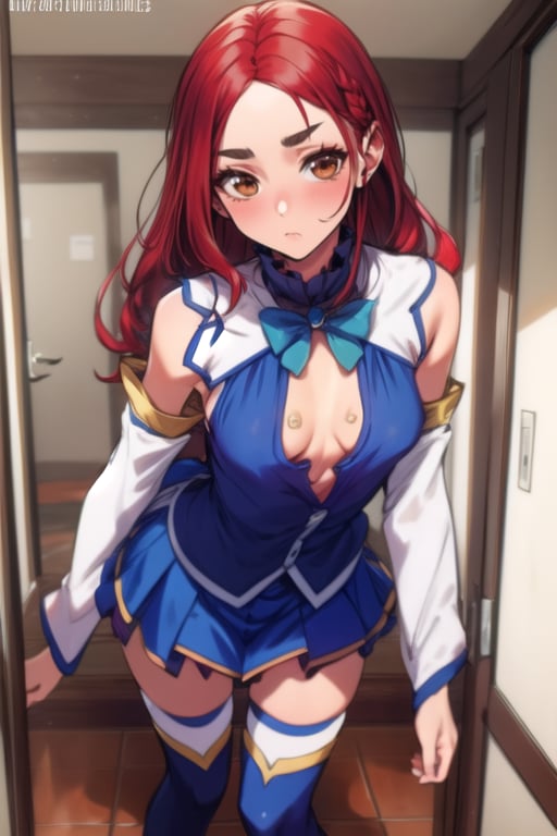 1girl, ((brown eyes: 1.5, long hair, layered hair: 1.2)), ((open forehead, black eyebrows)), ((red hair: 1.5)),  blushy eyebrows, ((small breasts: 1.5)), (messy hair), (((mature female, adult woman))), standing,, cosplay, blue shirt, blue skirt, green bowtie, white thighhighs, gem, boots, pleated skirt, zettai ryouiki, detached sleeves, white sleeves, sleveeles shirt, see-throught, see-through skirt, <lora:AquaKonosubaCostume-10:1>, BREAK(masterpiece, best quality, ultra detailed, intricate details:1.2), beautiful detailed eyes, solo,  <lora:more_details:0.4> 