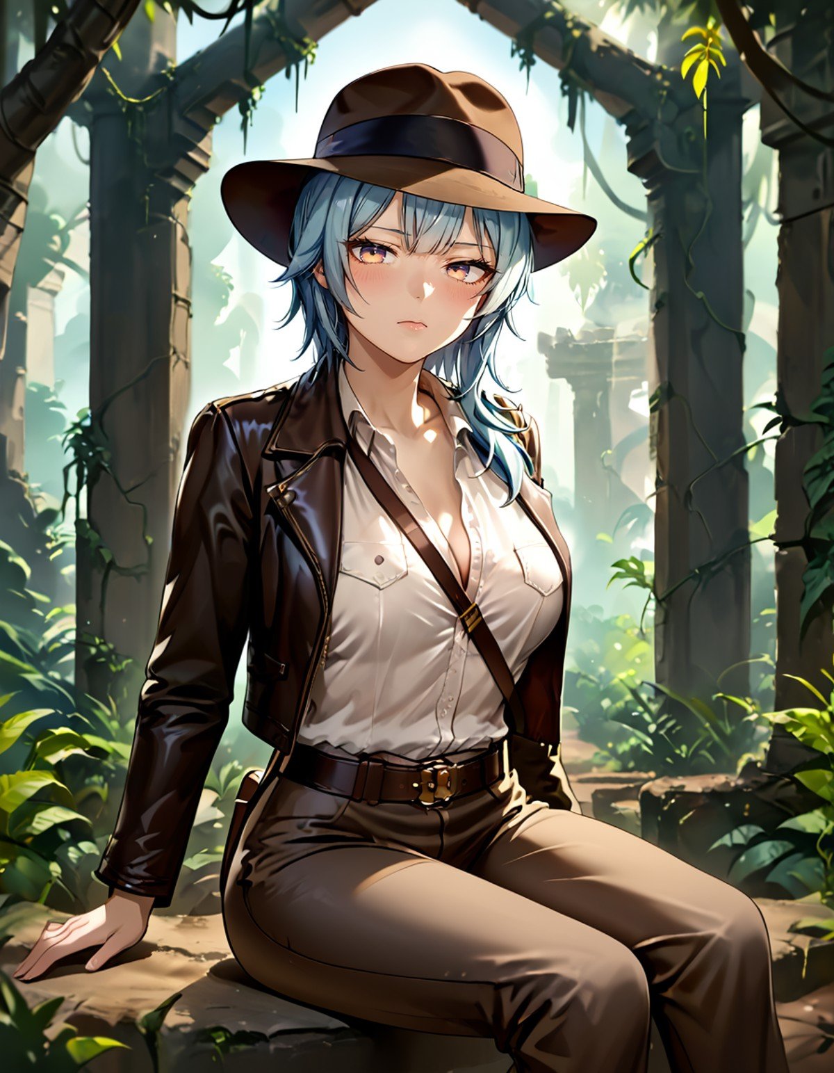 score_9, score_8_up, score_7_up,eula wearing brown leather well worn ind1ana outfit,blue hair,brown leather pants,sitting, sleepy,ancient temple background, jungle, moss, <lora:indiana_jones:1>