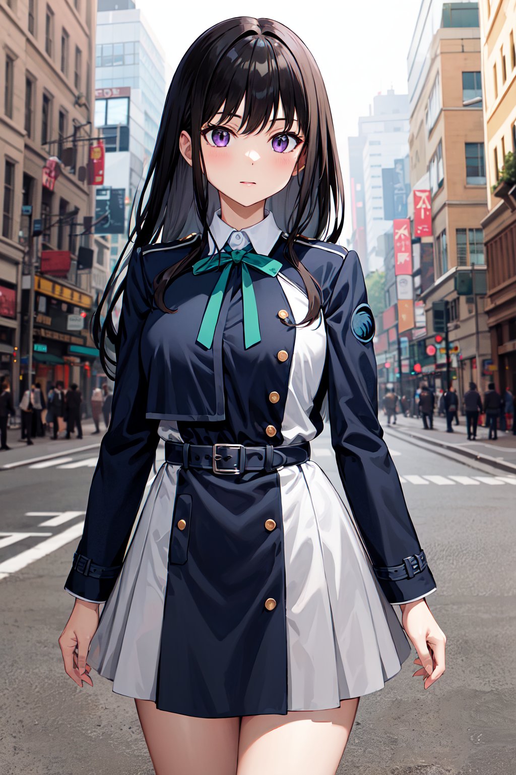 masterpiece, best quality, highres, aatakina, long hair, black hair, breasts, neck ribbon, collared shirt, lycoris uniform, two-tone dress, blue dress, grey dress, long sleeves, belt, <lora:inoue_takina_v1:0.7>, cowboy shot, standing, outdoors