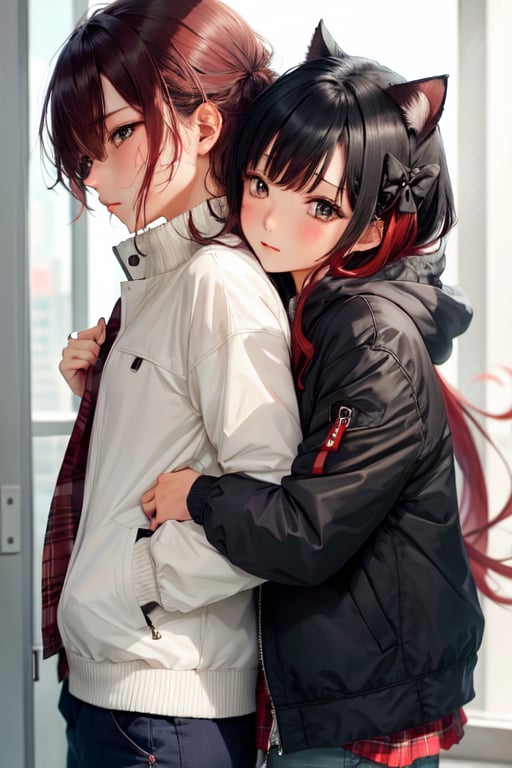 2persons, ((1 girl, 1boy)), long hair, cat ears, cozy, jacket, red hair AND black hair, <lora:HugsLoraV1.0-000001:1> HugsAI