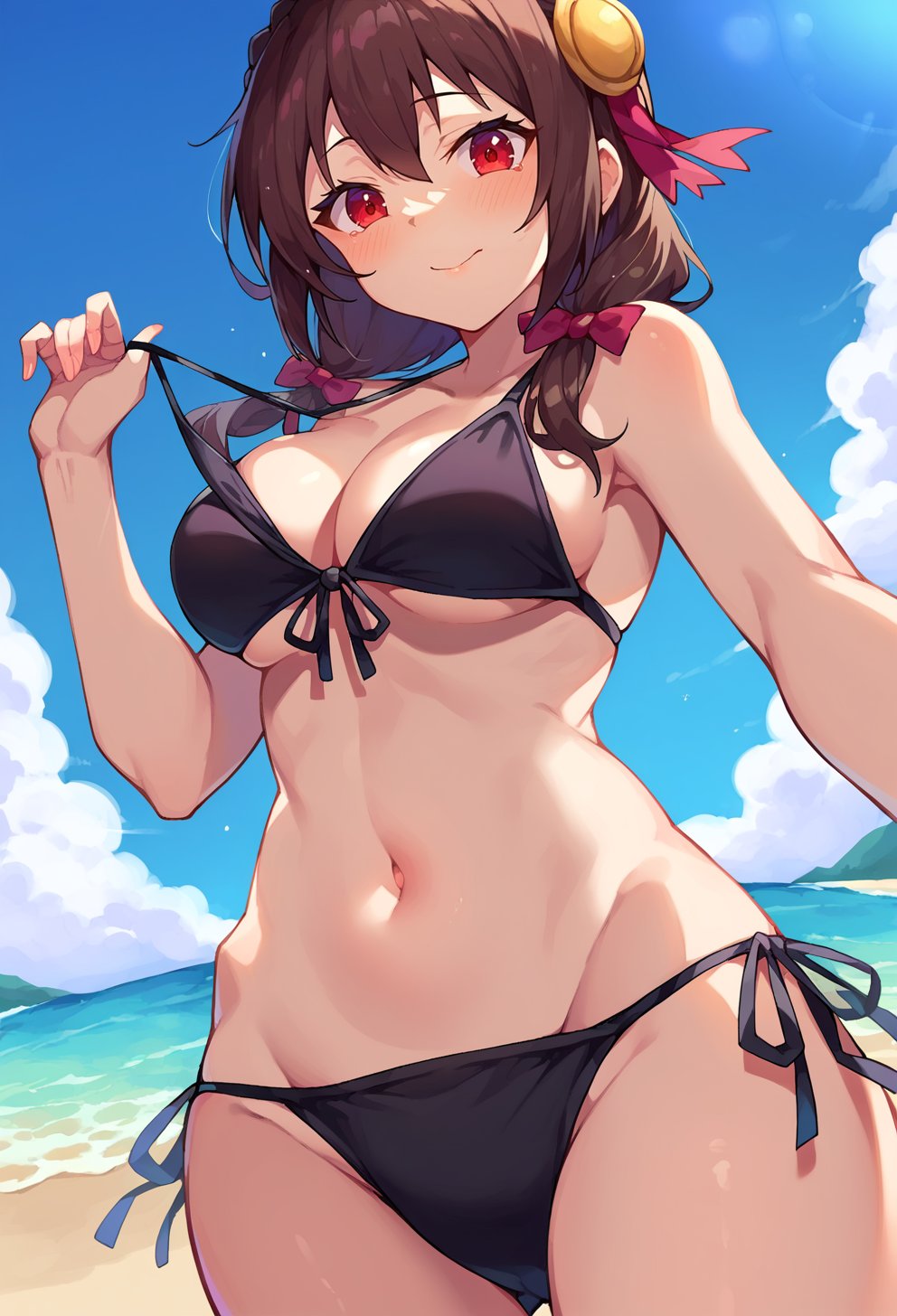 score_9, score_8_up, score_7_up, score_6_up, source anime, BREAK<lora:konosuba_yunyun:0.8> nuynuypnxl, yunyun, 1girl, solo, from below,swimsuit, bikini, outdoors, day, side-tie bikini bottom, black bikini, beach, looking at viewer, navel, blue sky, cleavage, ocean, smile, cloud, blush, string bikini, front-tie top