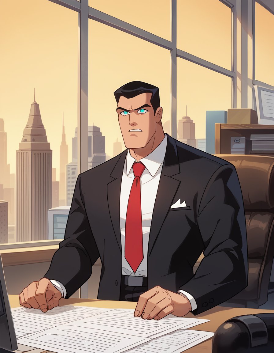 score_9, score_8_up, score_7_up, 1boy, dcaustyle, bruce wayne, black suit jacket, red necktie, blue eyes, leaning on object, office, window, gotham city, yellow sky, in a luxury art deco office