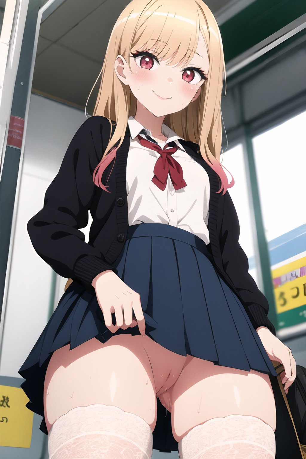 kitagawa marin, 1girl, solo, long hair, blonde hair, red eyes, multicolored hair, cardigan, smile, blush, skirt, white shirt, black thighhighs, long sleeves, school uniform, standing, thighs, cowboy shot, sweat, pleated skirt, pussy, pussy juice,  sailor collar, uncensored, from below, lace trim, black thighhighs, train station, clitoris,  <lora:Sono Bisque Doll wa Koi wo Suru - Marin Kitagawa R5 Bonus:0.8>