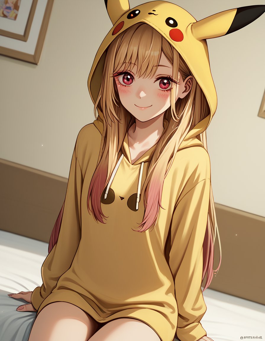 score_9, score_8_up, score_7_up, source_anime, marinkitagawa, <lora:marin-kitagawa-ponyxl-lora-nochekaiser:1>, marin kitagawa, long hair, bangs, blonde hair, red eyes, multicolored hair,, <lora:pikachu-cosplay-ponyxl-lora-nochekaiser:1>, pikachucosplay, pikachu \(pikachu\), character print, hood, hoodie, yellow hoodie,, bed, bed room, smile, blush, wariza, sitting,, cowboy shot, dutch angle, solo,