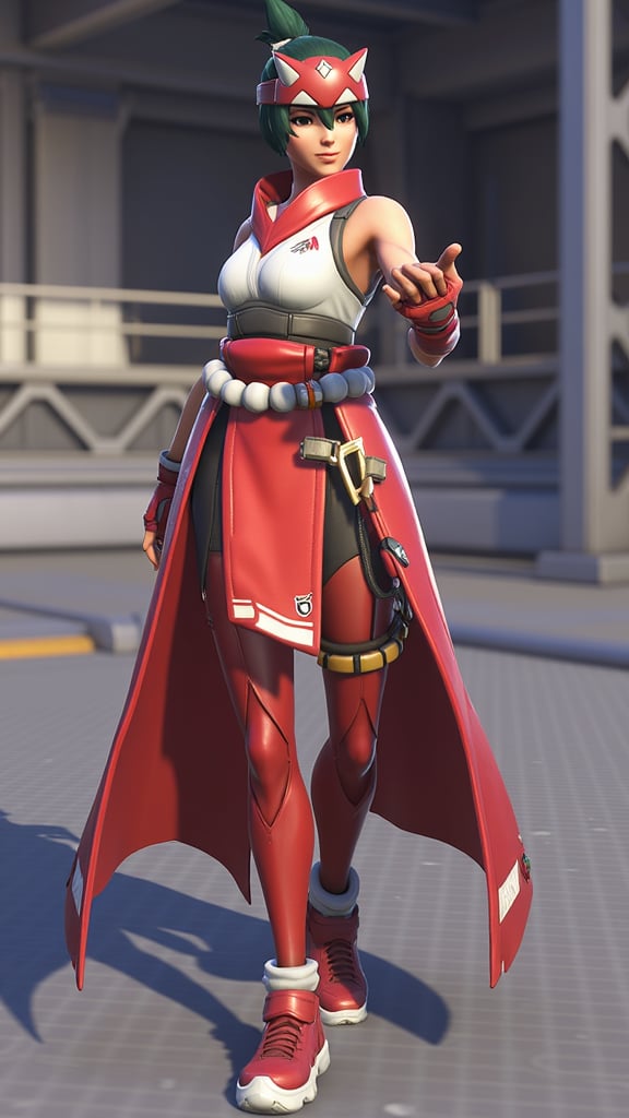 Kiriko a young girl character in the Overwatch video game series is depicted. She stands confidently in a dynamic pose with her right leg slightly forward and her left arm bent at the elbow fingers splayed as if she's about to make a gesture. She wears a vibrant red outfit with white and black accents. Her hair is styled in a short bob and adorned with a red and white headband. Her outfit includes a white sleeveless top with a high collar and a red scarf tied around her neck. A long flowing red cape drapes over her shoulders and down her back adding a sense of movement and dynamism to her appearance. She also wears red fingerless gloves and knee-high red boots with white accents. The background features an industrial setting with metallic structures and pipes suggesting a futuristic or sci-fi environment. The ground appears to be a metallic surface with a grid pattern. The overall color palette is dominated by shades of red white and black complemented by the cool tones of the metallic structures in the background. The image has a high level of detail and vibrancy typical of high-quality digital art, <lora:kiriko-overwatch-2-v3:1>