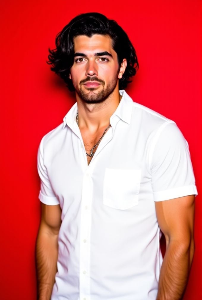 chris underwood ,  The image is a high-resolution photograph,  standing against a solid red background. wavy hair styled t...