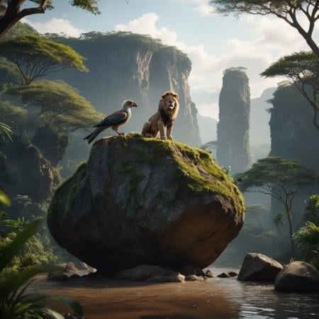 cinematic film still of manga styleIn the African jungle a large rock formation with a bird perched on it,  realistic,  re...