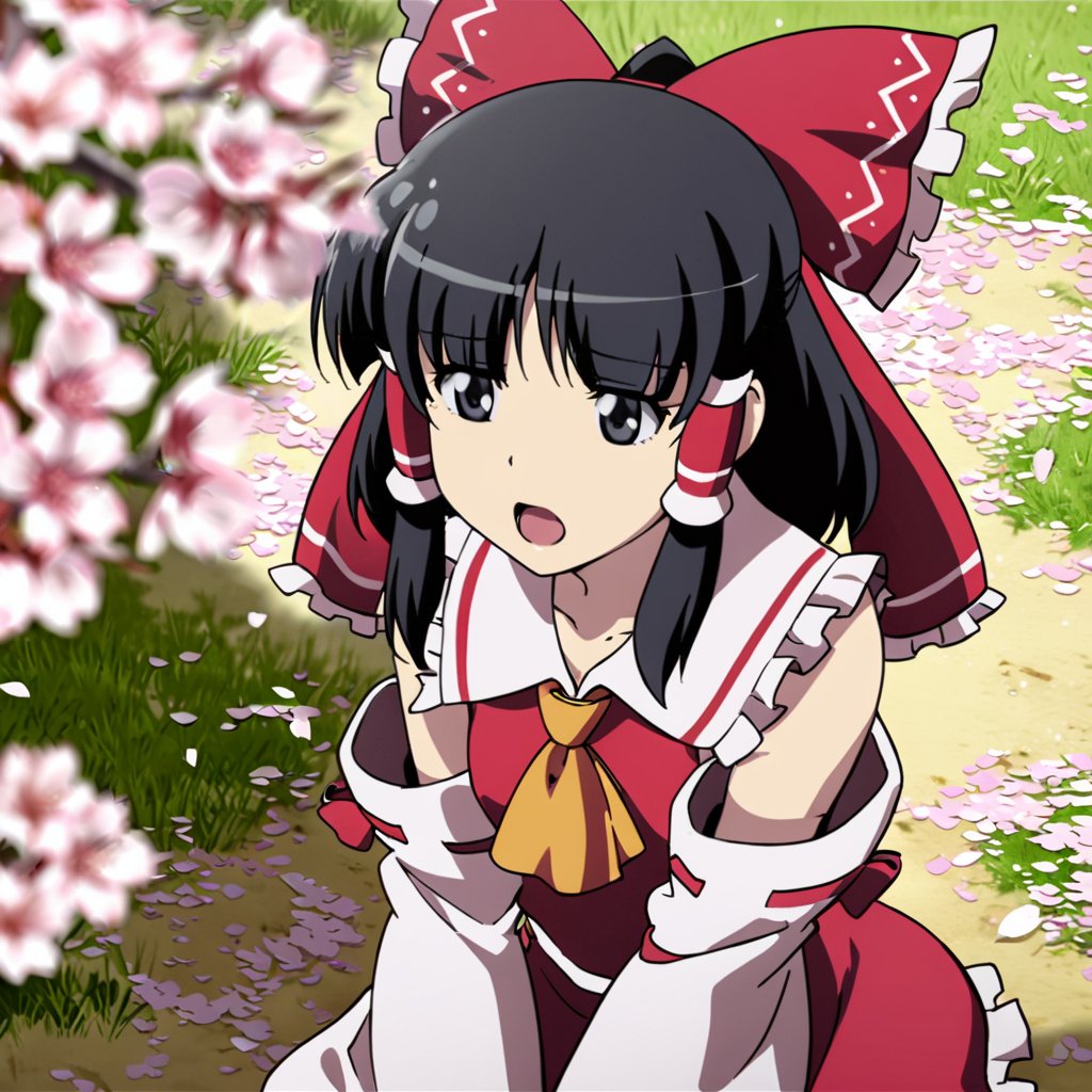 masterpiece, best quality, <lora:tgm-xl-a3.1:1>, pixiv,1girl, solo, hakurei reimu, black hair, cherry blossoms, hair tubes, bow, hair bow, open mouth, red bow, black eyes, blurry, depth of field, tree, short hair, frills, ascot, grass, outdoors, upper body, ribbon, petals, detached sleeves, parody, collarbone