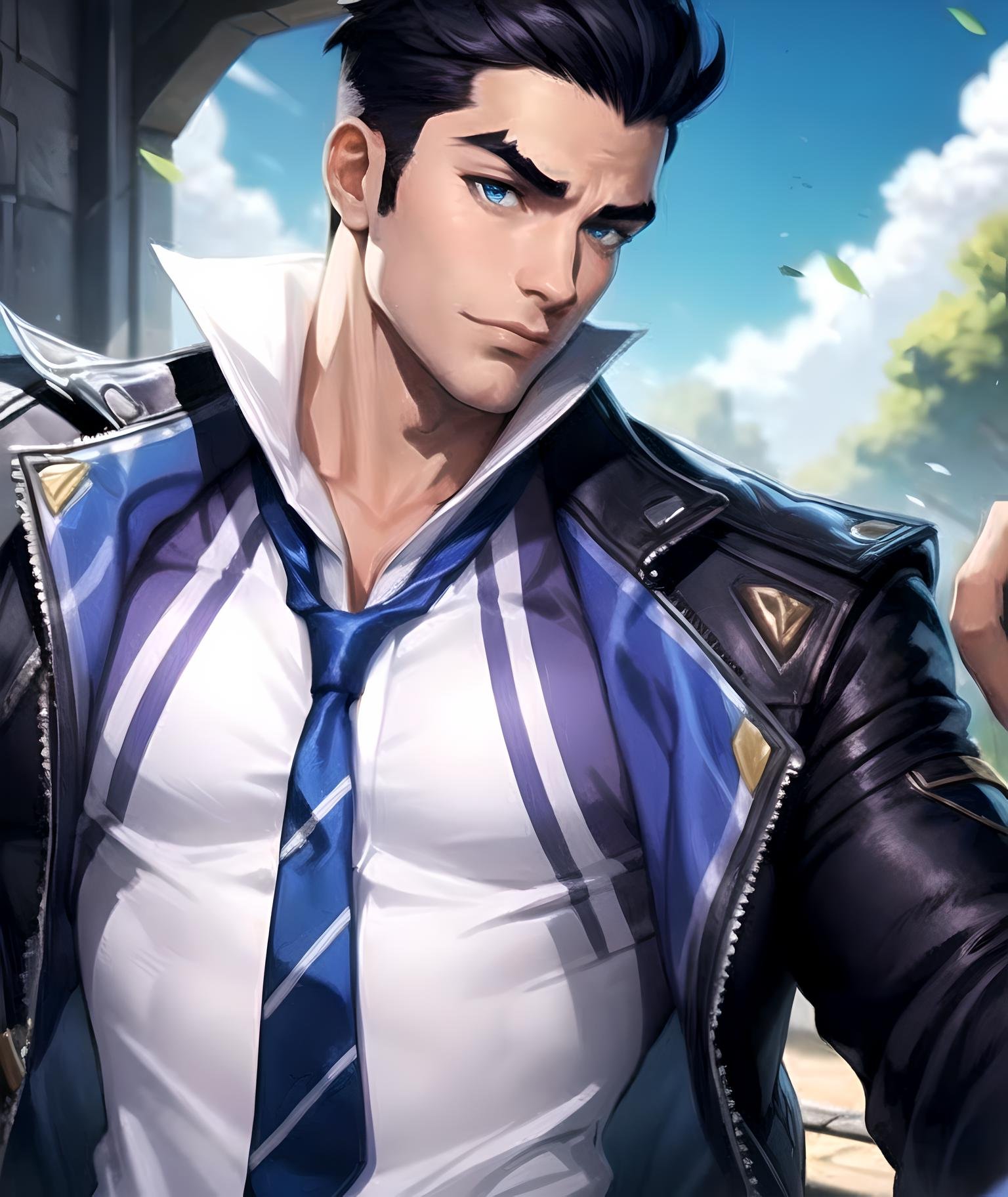 (masterpiece:1.2, best quality), <lora:Battle_Academia_Jayce:0.7>, battle academia jayce, solo, short hair, shirt, black hair, gloves, 1boy, jacket, white shirt, upper body, male focus, black gloves, collared shirt, thick eyebrows, blue necktie, blush