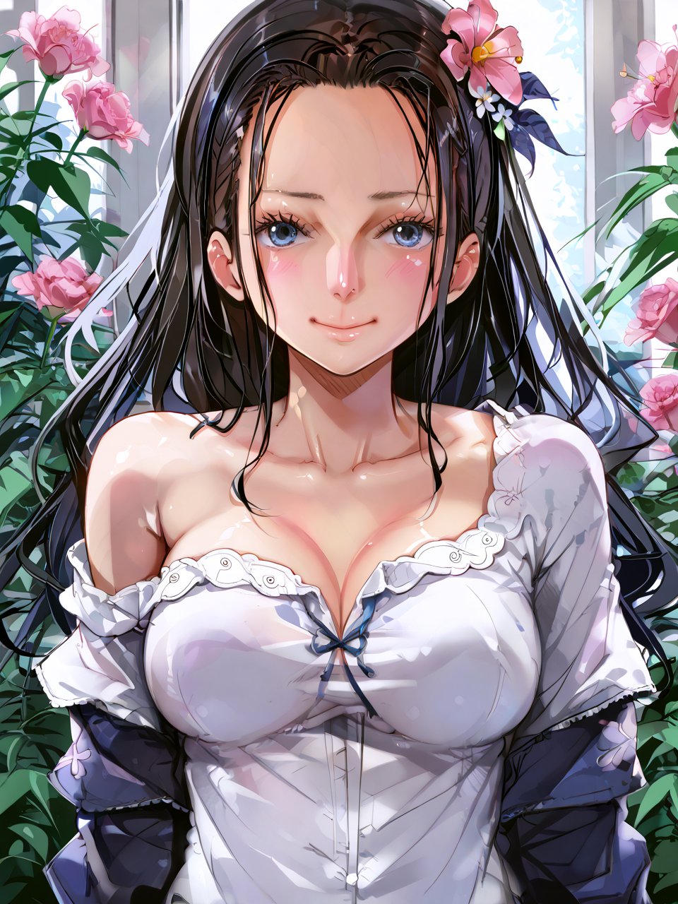 score_anime, score_9, score_8_up, score_7_up, masterpiece, best quality, <lora:Fixhands_V1:0.7> <lora:OhigetanP:1> OhigetanP, 1girl, solo, (upper body:1.5), flower, (nico robin:1.5), black hair, blue eyes, blush, breasts, closed mouth, collarbone, collared shirt, dress, eyelashes, hair between eyes, hair flower, hair intakes, hairband, long hair, long sleeves, medium breasts, off shoulder, off-shoulder dress, shirt, smile, white shirt