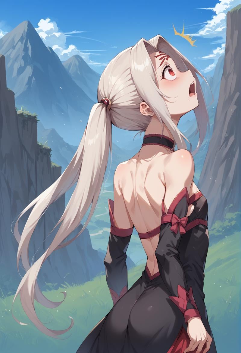 1girl, solo, white hair, red eyes, long hair, twintails, bow, forehead mark, choker, black bodysuit, clothing cutout, detached sleeves, looking up, from side, from behind, outdoors, valley, mountain <lora:Meduseless:1>  <lora:Illya_IQ2:1> flat chest, age regression, surprised, panicking, open mouth, @_@, score_9, score_8_up, score_7_up, score_6_up, score_5_up, score_4_up, (m-da s-tarou:0), masterpiece