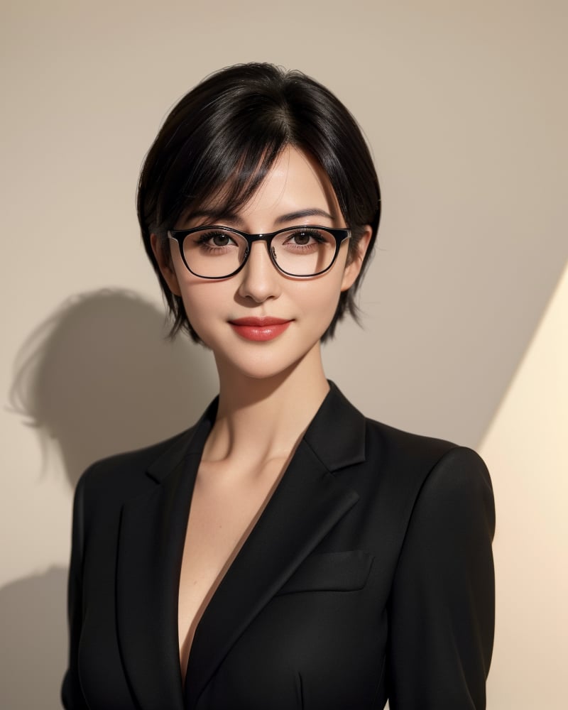 (upper body:1.2),glamor,(mature female:1.3),Black-rimmed glasses,low key,cleavage,(Skin granule:1.3),oval face,1girl,solo,(Face shadow:1.3),(black suit:1.5),Facial texture,shading of the nose,big eyes,white background,black hair,perfect face,Oval face,Seductive smile,upper body,best quality,masterpiece,realistic,ultra-fine painting,sharp focus,extreme detail description,realistic,masterpiece,1girl,(image noise:1.3),hair intakes,short hair,shoulder,