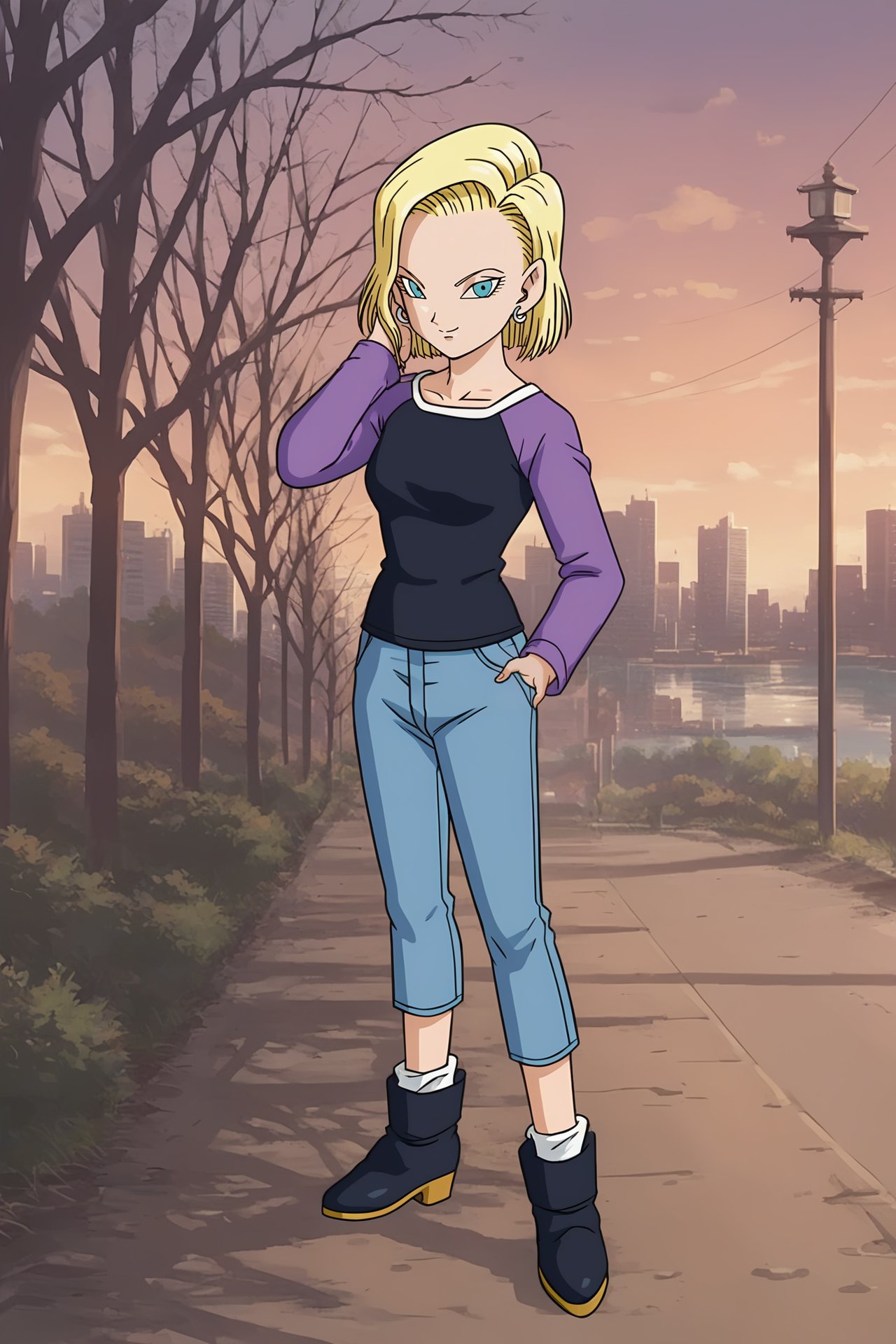 source_anime, score_9, score_8_up, score_7_up, anime screencap, high quality, android 18, dragon ball super, anime coloring, official style, 1girl, solo, smile, short hair, blue eyes, blonde hair, white legwear, loose socks, silver earring, boots, outdoors, blue bottomwear, tree, denim, jeans, black footwear, black shirt, collarbone, eyelashes, lake, path, long sleeves, hand on hip, hand in own hair, looking at viewer, pocket, purple sleeves, two tone shirt, sunset, cityscape <lora:c18_pony:0.8>