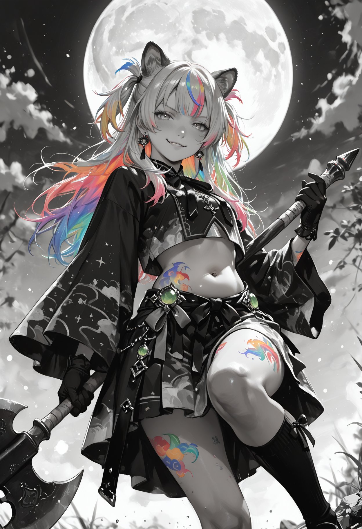 holding two axes,  anime girl holding an axe in front of the sun,  one girl by Min on Tensor.Art
