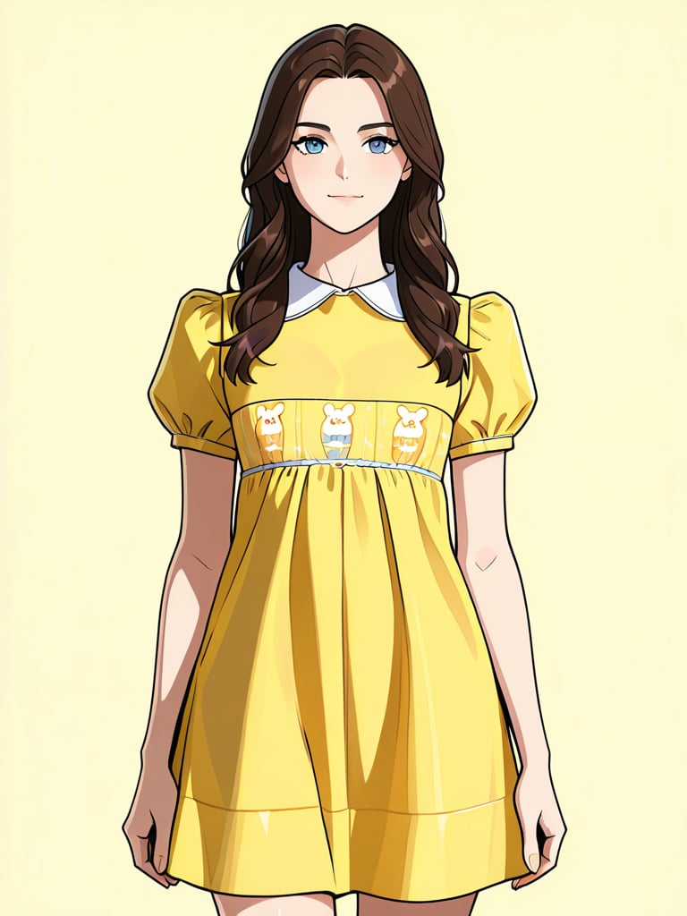 yelloweasterdress,  front view a beautiful young brunette woman with deep blue eyes wearing a sexy yellow sun dress,  fire...