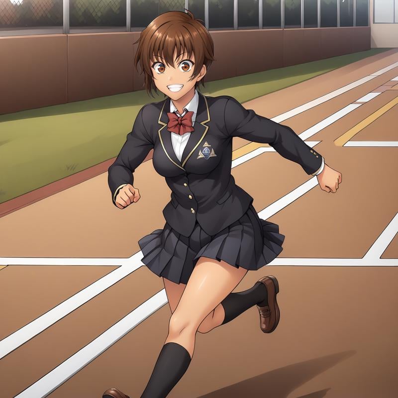 <lora:NagisaFujimaXLpony001>,grin,solo,NagisaFujima,1girl,brown hair,short hair,brown eyes,tan,school_uniform,black blazer,red bowtie,pleated_skirt,black skirt,black socks,full body,running,