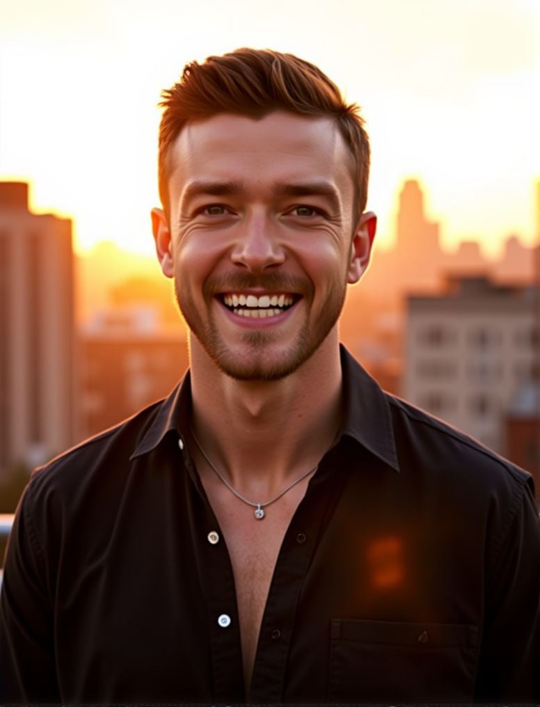 Justin Timberlake ,  In the heart of a bustling city,  under the soft glow of a golden hour sunset by HottiesnHotties on T...