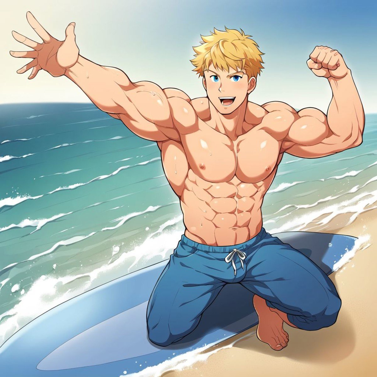 1boy,, solo, muscle body,  blonde hair, blue eyes, shirttless, blue pants, surfing, beach