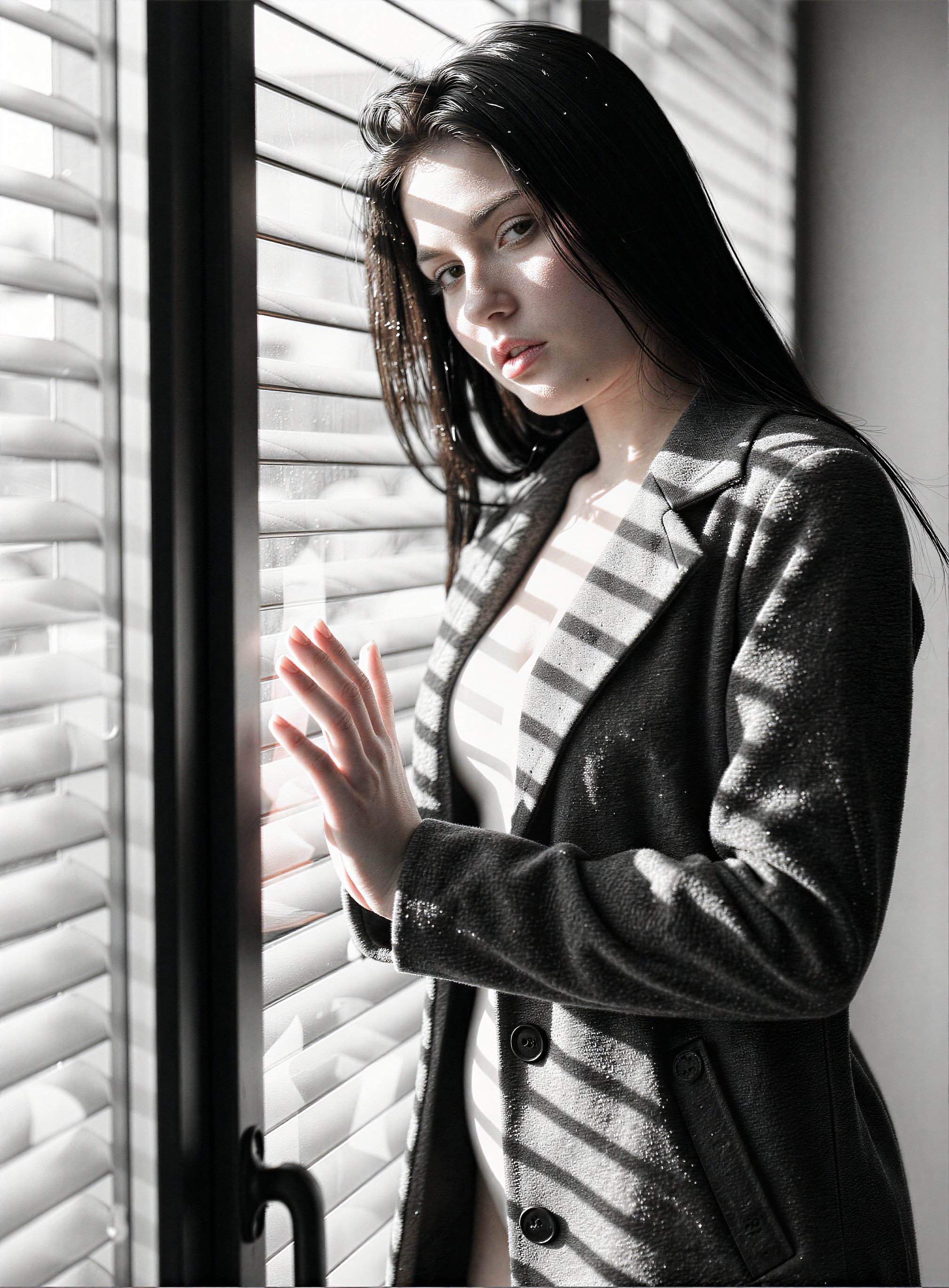 A tall,  slender adult woman in her late 20s stands relaxed against a frosted glass window,  her posture slightly inclined...