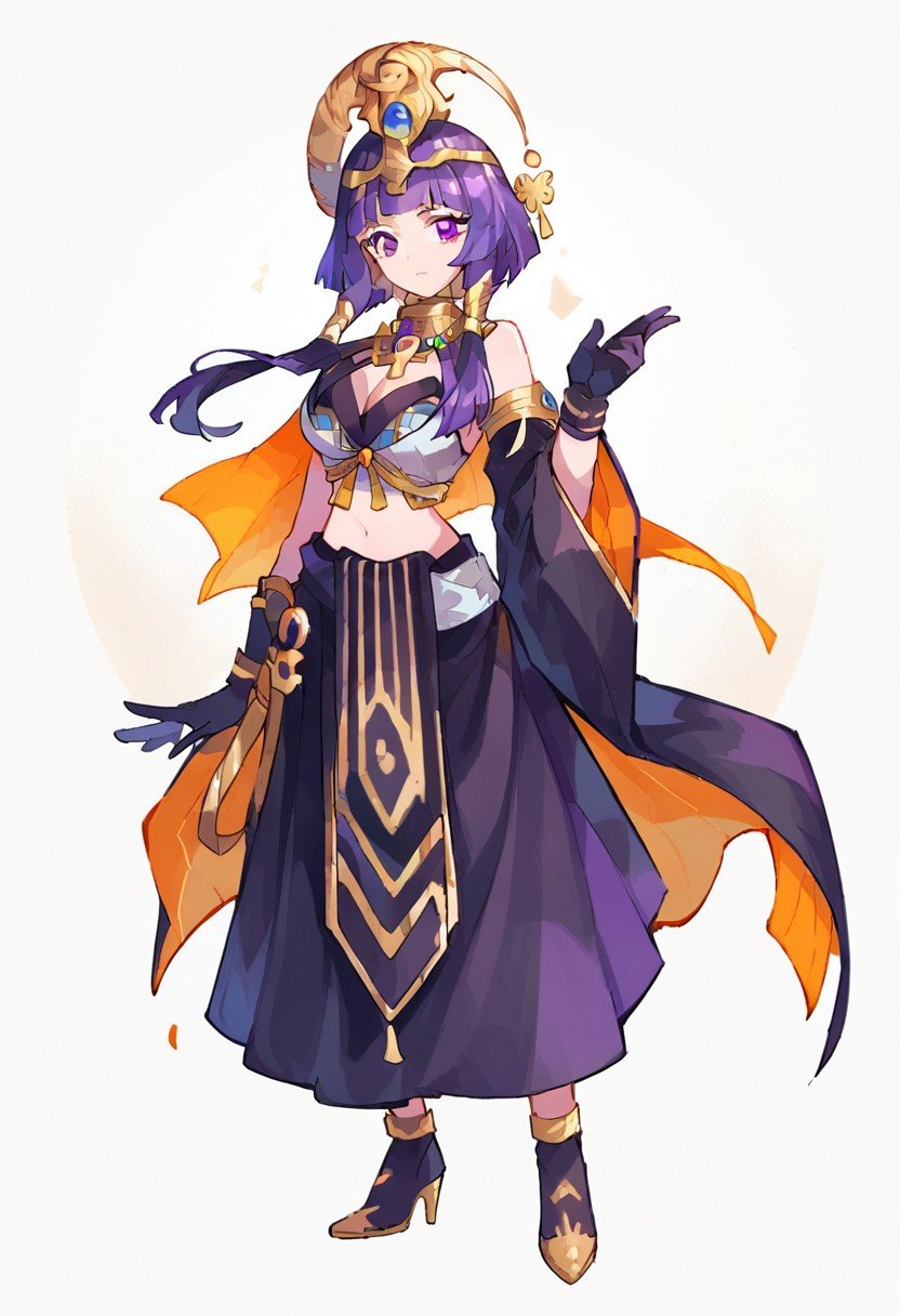 score_9, score_8, score_7, source_anime, ancient egyptian clothes, cleavage, usekh collar, blunt bangs, midriff, neck ring, gloves, purple eyes, full body, hand up, signature