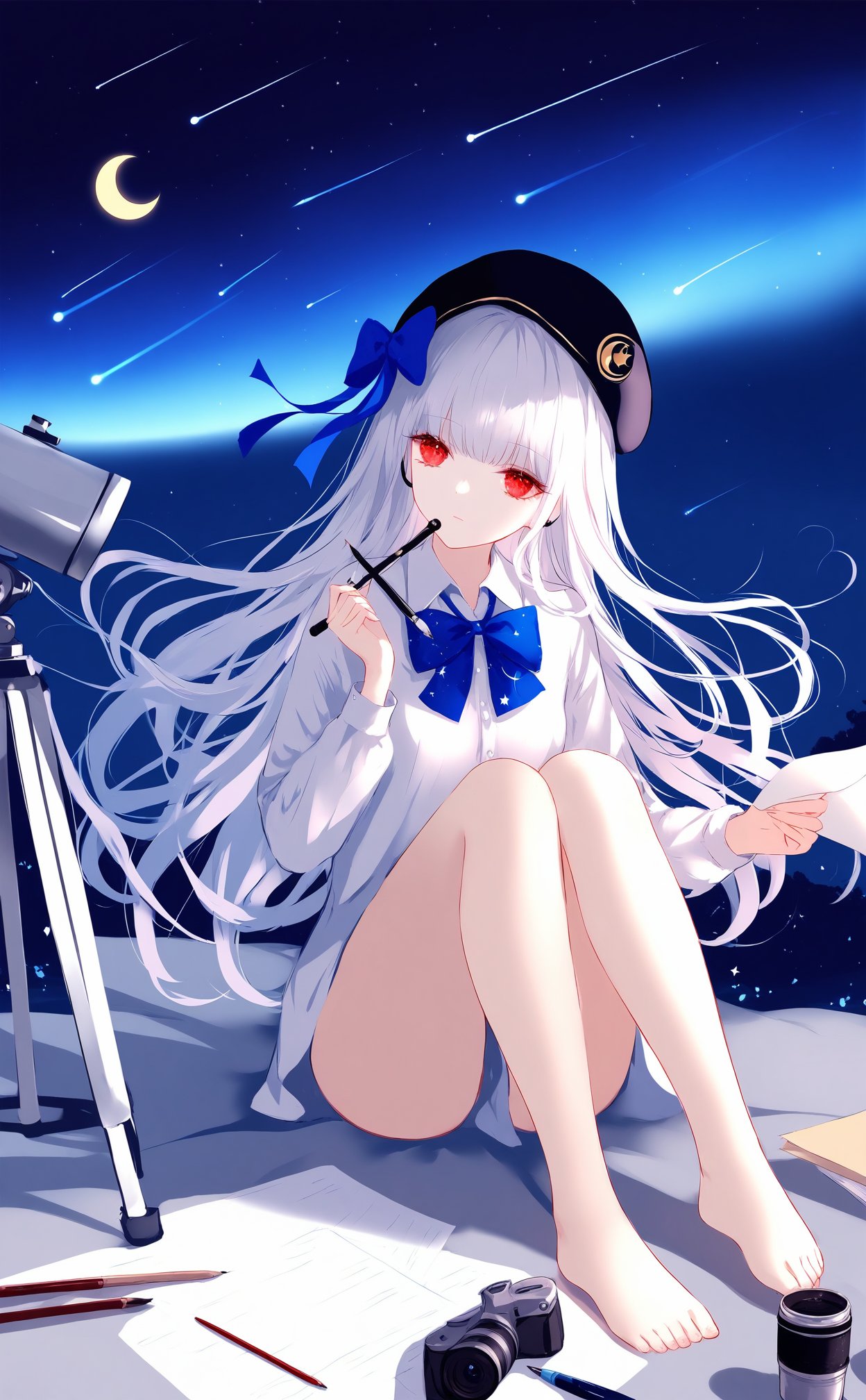 (masterpiece),(best quality),illustration,ultra detailed,hdr,Depth of field,(colorful),loli,[Artist wlop],[[Artist sheya]],Artist hiten_(hitenkei),nai3 Style,loli,1girl,solo,telescope,red eyes,barefoot,white hair,long hair,shirt,star \(sky\),white shirt,holding,sitting,hat,night,sky,starry sky,night sky,shooting star,long sleeves,earphones,meteor shower,cup,bow,bare legs,knees up,book,paper,constellation,moon,blue bow,palette \(object\),bowtie,black headwear,beret,feet,toes,thighs,collared shirt,closed mouth,heart,crescent moon,paintbrush,blue bowtie,camera,pen,legs,pencil,envelope,no pants,