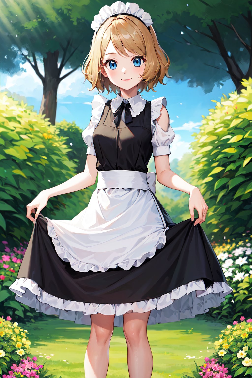 masterpiece, best quality, highres, bbserena, solo, short hair, eyelashes, blue eyes, <lora:serena_(pokemon)_v2:0.7>, maid, maid headdress, garden, standing, smile, skirt hold, smile