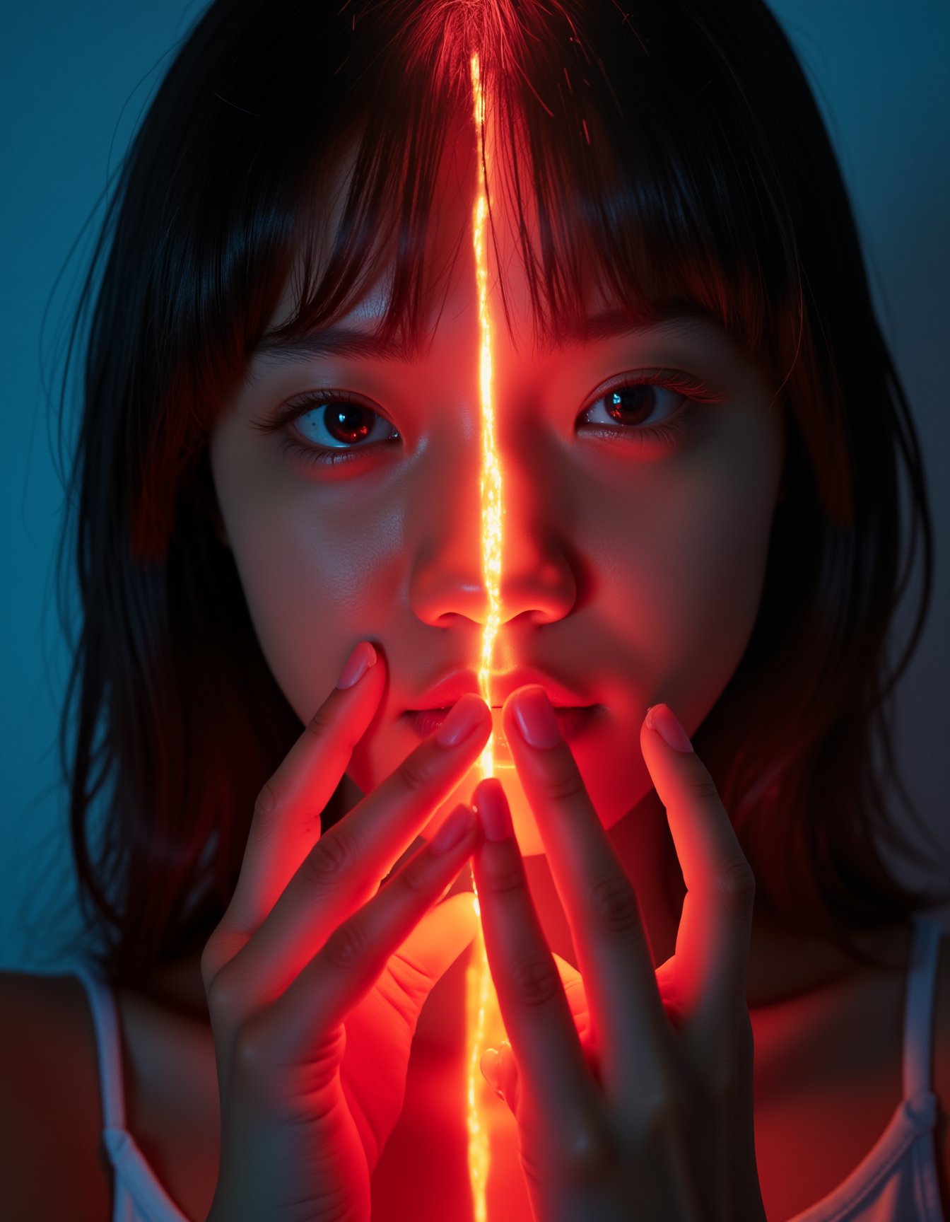 close-up of a figure with dual personalities, one side with dark hair and a red eye, the other with white hair and a blue eye, split down the middle by a glowing, red energy line. cinematic lighting, young woman, accurate depiction of character, correct body anatomy, correct hands and fingers, extremely realistic lighting.Extreme dynamic pose, lifelike portrayal. <lora:hinaFluxAsianMixLora_v2-rev4:0.8>