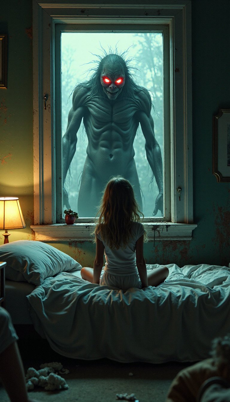 A young girl sits on a bed with a tenebrous,  gangrenous monstrosity,  characterized by hypertrophied features and incande...