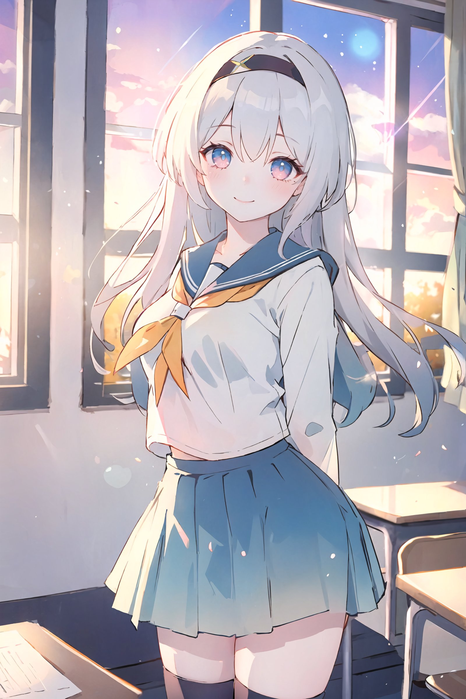 1girl, firefly \(honkai: star rail\), hairband, classroom, serafuku, sailor collar, pleated skirt, thighhighs, sunset, blush, cowboy shot, looking at viewer, facing viewer,  light smile, sunset, window, backlighting, depth of field