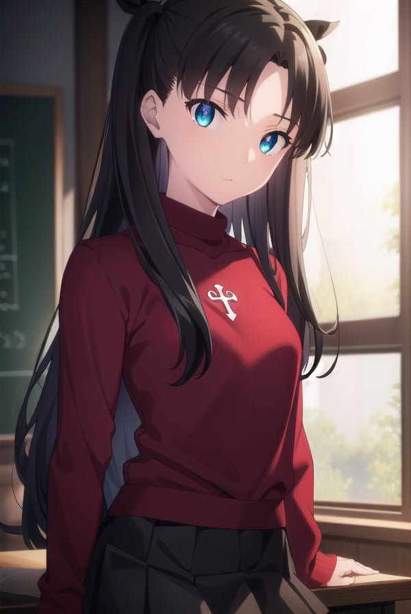 rintohsaka, <lora:rin tohsaka ubw-lora-nochekaiser:1>, rin tohsaka, aqua eyes, (black hair:1.5), hair ribbon, long hair, ribbon, sidelocks, two side up, (parted bangs:1.5),BREAK black skirt, black thighhighs, long sleeves, miniskirt, pleated skirt, red sweater, skirt, sweater, thighhighs, turtleneck,BREAK indoors, classroom,BREAK looking at viewer, (cowboy shot:1.5)BREAK <lyco:GoodHands-beta2:1>, (masterpiece:1.2), best quality, high resolution, unity 8k wallpaper, (illustration:0.8), (beautiful detailed eyes:1.6), extremely detailed face, perfect lighting, extremely detailed CG, (perfect hands, perfect anatomy),