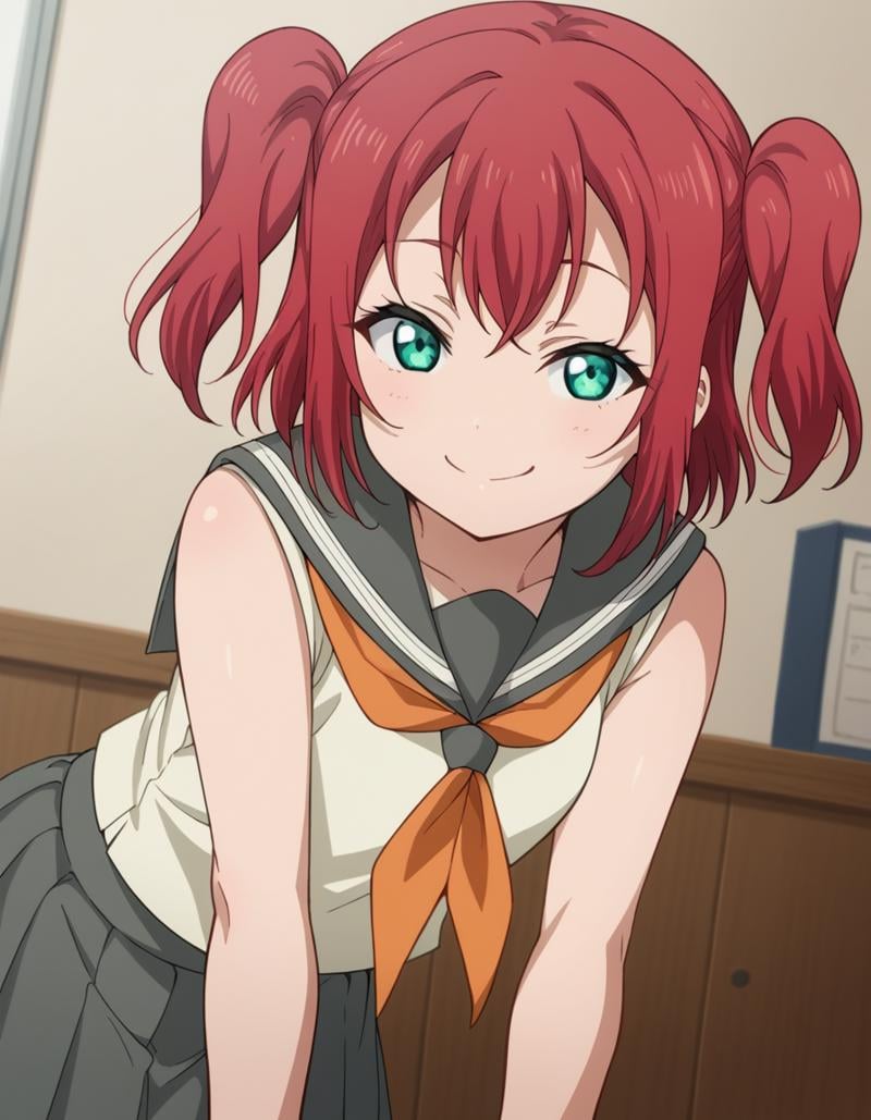 score_9, score_8_up, score_7_up, source_anime, <lora:ruby-kurosawa-s2-ponyxl-lora-nochekaiser:1>, ruby kurosawa, short hair, bangs, green eyes, red hair, aqua eyes, two side up,, shirt, school uniform, white shirt, serafuku, neckerchief, uranohoshi school uniform, orange neckerchief, sleeveless, skirt, pleated skirt, grey skirt,, indoors, bent over, smile, smug, looking at viewer, solo,, cowboy shot, dutch angle