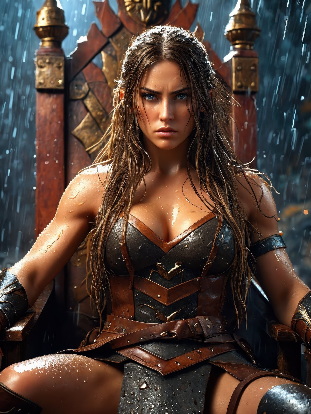 female warrior sitting on throne, brutal, long hair, raw, Highly Detailed, detailed skin, detailed eyes, realistic eyes, detailed face, dslr, dramatic lighting, particles, photo of the most beautiful artwork in the world featuring soft lustrous, ((epic heroic fantasy muscular rugged wet wounded hero angry looking with long hair and fierce looking in a dynamic posture, fantastic location, majestic cluttered environment)), full body 8k unity render, action shot, skin pores, very dark lighting, heavy shadows, detailed, detailed face, (vibrant, photo realistic, realistic, dramatic, dark, sharp focus, 8k), (weathered damaged old worn leather outfit:1.4), (intricate:1.4), decadent, (highly detailed:1.4), digital painting, octane render, artstation, concept art, smooth, sharp focus, illustration, (global illumination, studio light, volumetric light),heavy rain, particles floating