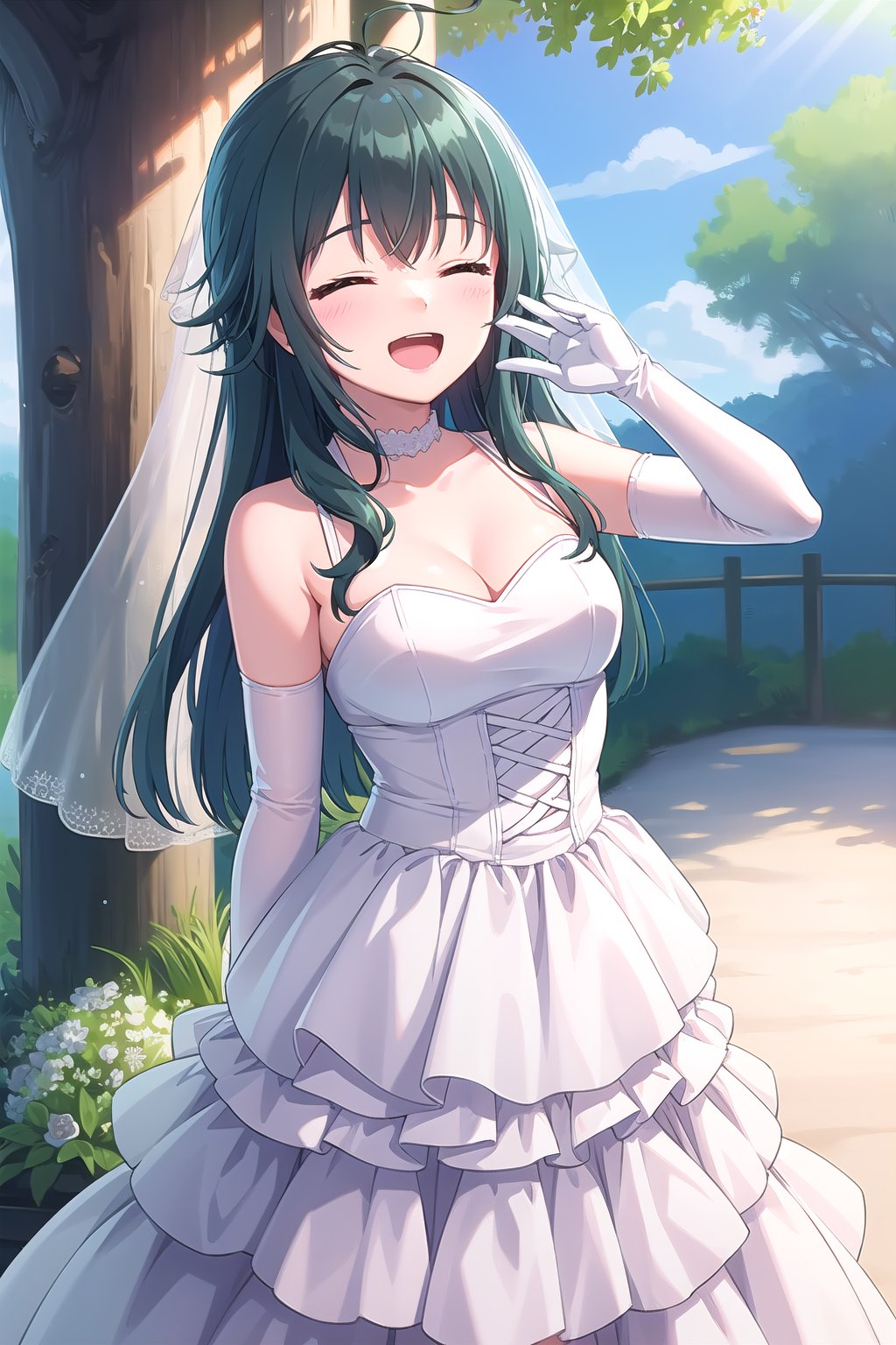 (masterpiece, best quality), highly detailed background, perfect lightingbest quality, tsukimuratemari, solo, outdoors, nature, bridal veil, dark green hair, ahoge, crossed bangs, wavy hair, very long hair, closed eyes, medium breasts, wedding dress, white dress, white gloves, frilled skirt, smile, open mouth, ^o^, <lora:Tsukimura-Temari:0.7>