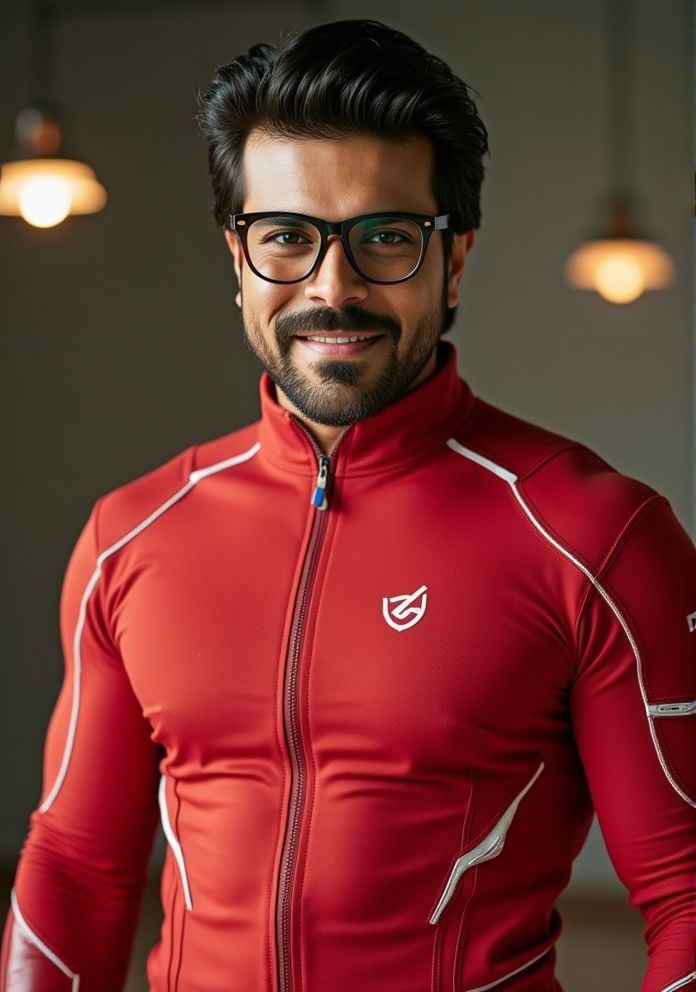 ram charan ,  Hi-res photo. He wears futuristic electronic glasses. He is wearing a light red,  close fitting flight suit...