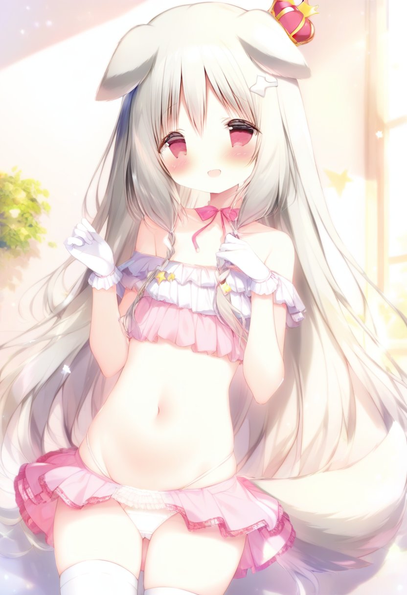 1girl, (shiratama (shiratamaco)),1girl, bone hair ornament, dog ears, cartoon bone, mini crown, hair ornament, dog girl, long hair, very long hair, thighhighs, animal ears, smile, blush, hair between eyes, crown, solo, white gloves, gloves, :d,  bangs, white panties, red eyes, white thighhighs, navel, dog tail, panties, star hair ornament, crescent hair ornament, bare shoulders, crescent, star \(symbol\), open mouth, groin, tilted headwear, animal, frills, looking at viewer, hands up, tail, indoor, <lora:baiyu-000018:1>, masterpiece, best quality