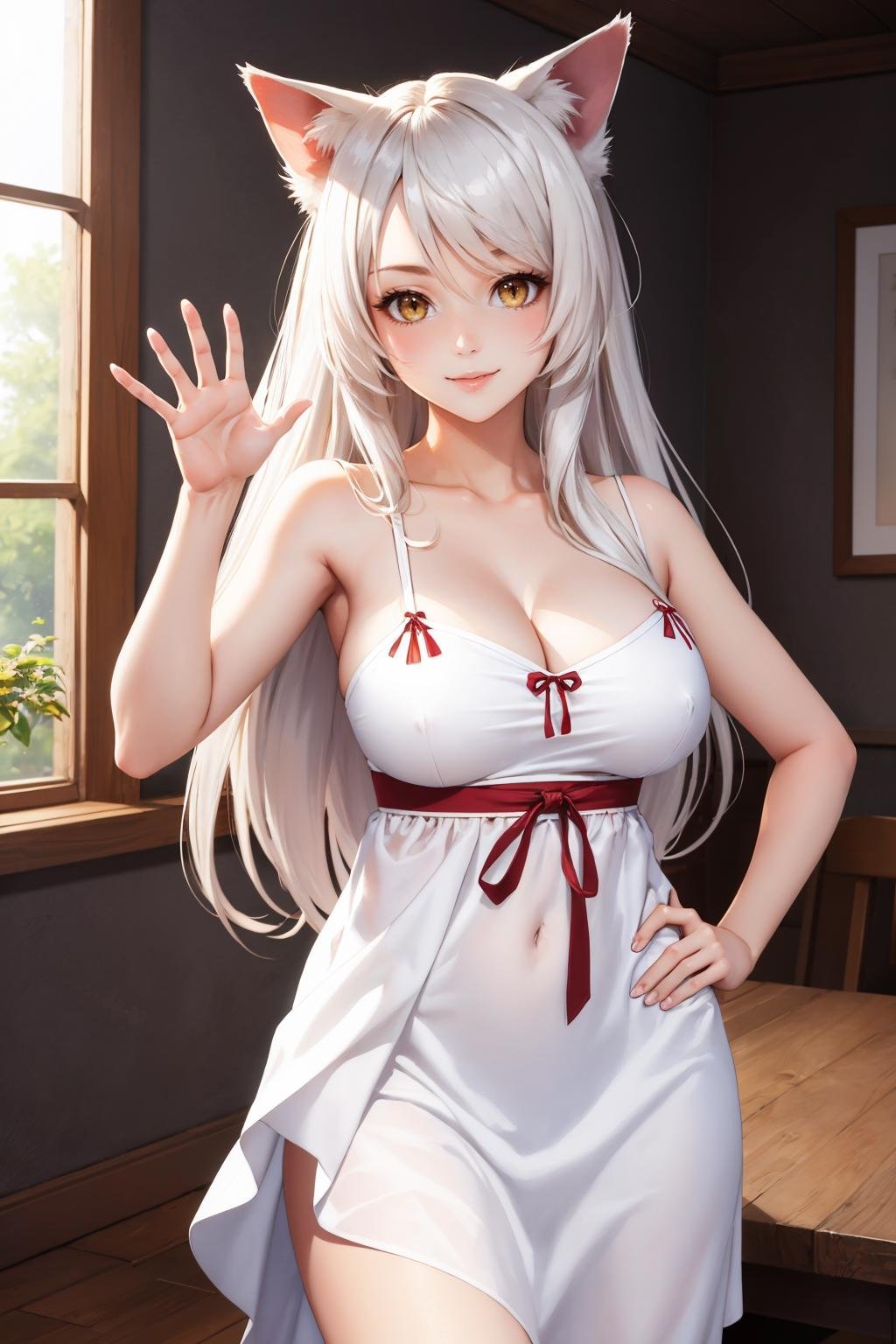 masterpiece, best quality, <lora:blkhanekawa-nvwls-v1-000009:0.9> blkhanekawa, very long hair, cat ears, slit pupils, large breasts, white dress, red ribbon, looking at viewer, smile, waving, indoors, cowboy shot, hand to hip