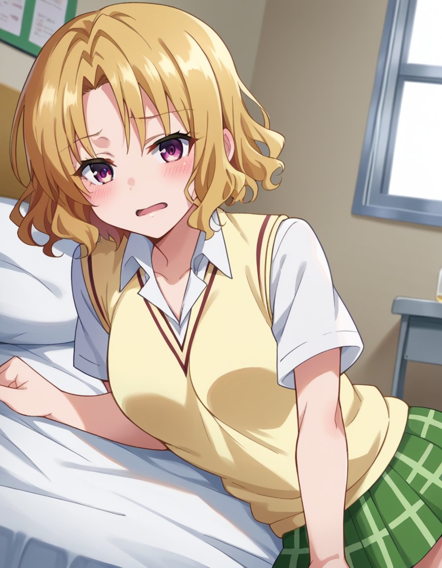 score_9, score_8_up, score_7_up, source_anime,risamomioka, <lora:risa-momioka-darkness-ponyxl-lora-nochekaiser:1>,risa momioka, short hair, blonde hair, wavy hair, parted bangs, purple eyes,green skirt, plaid, plaid skirt, sainan high school uniform, school uniform, skirt, sweater vest, thighhighs, yellow sweater, short sleeves, bow, green bow,indoors, bed, bed room, on side, blush, drunk,looking at viewer, cowboy shot, dutch angle,