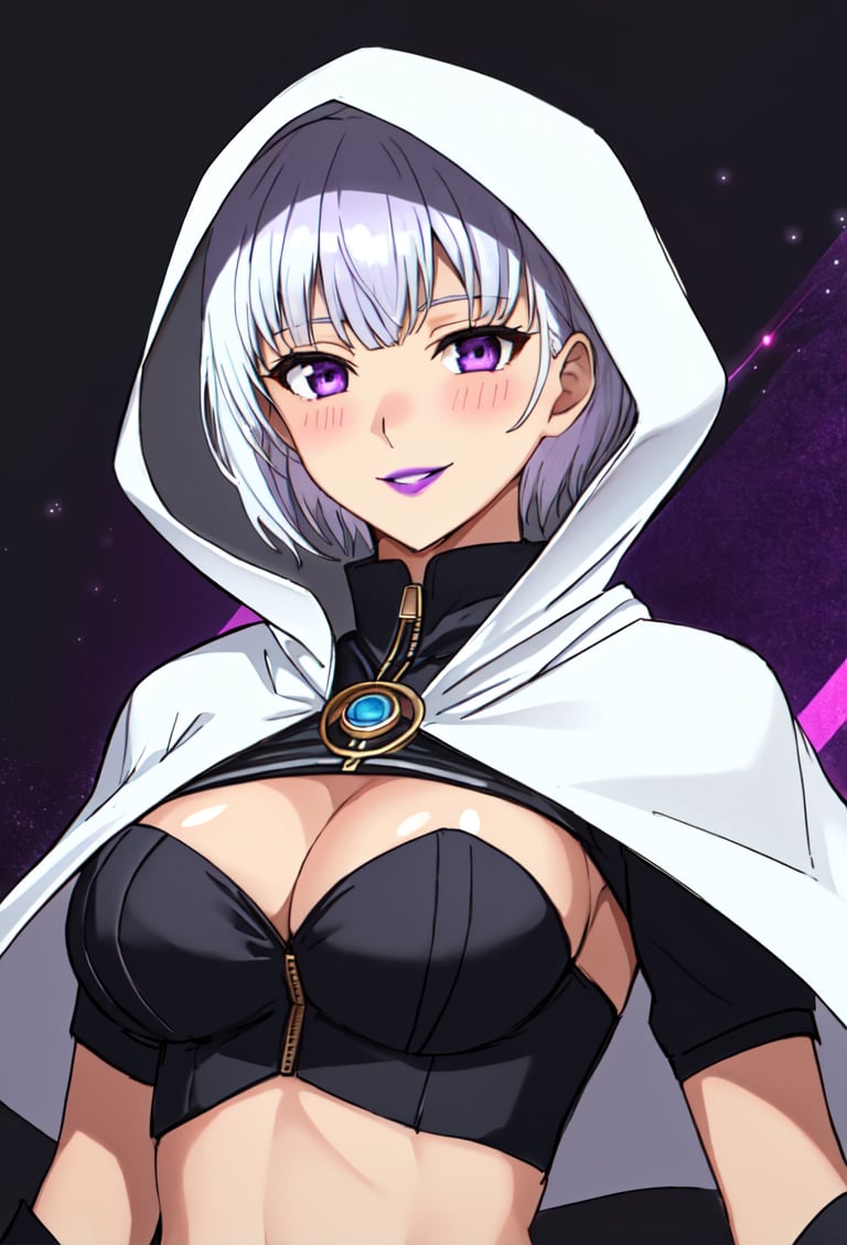 White colored hair, hologram,purple skin, hood, rating:safe, 1girl, ((wearing black cropped vynyl puffer jacket with golden stripes,)) solo, smile, hood up, orb, looking at viewer, hooded cloak, upper body, purple eyes, bangs, short hair, complex background, gloves, blunt bangs, blush, breasts, black background, black gloves, ((white hair)), hooded cape, purple lips, cleavage cutout, , full scpecial effect particle and complex background  <lora:QuickHandV2:0.4>  cyberpunk background style and refferences  <lora:Hungry Clicker Art Style Lora V2:0.5> oil pastel mix