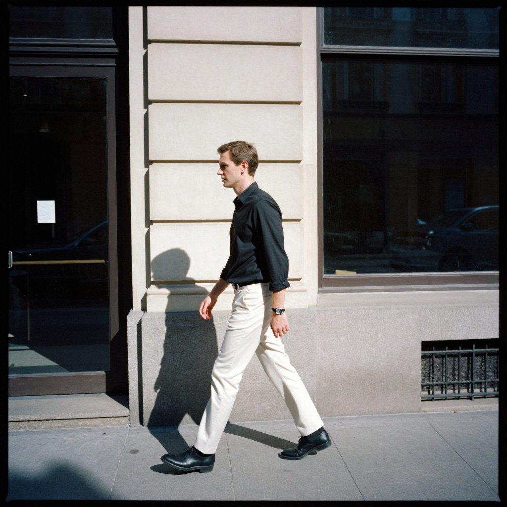 analog film photo of cinematic style,  Kodak Portra 400 analog film stocks of a man walking down a sidewalk past a buildin...