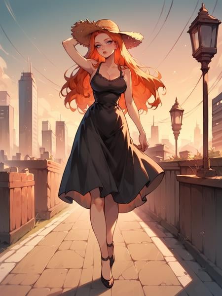 score_9, score_8_up, score_7_up, score_6_up, 1girl, long hair,  <lora:g4n1m3XLP:1> g4n1m3, full body, sexy, ginger hair, city, sunset, grey eyes, large breasts, plump, dark red sundress, straw hat, 