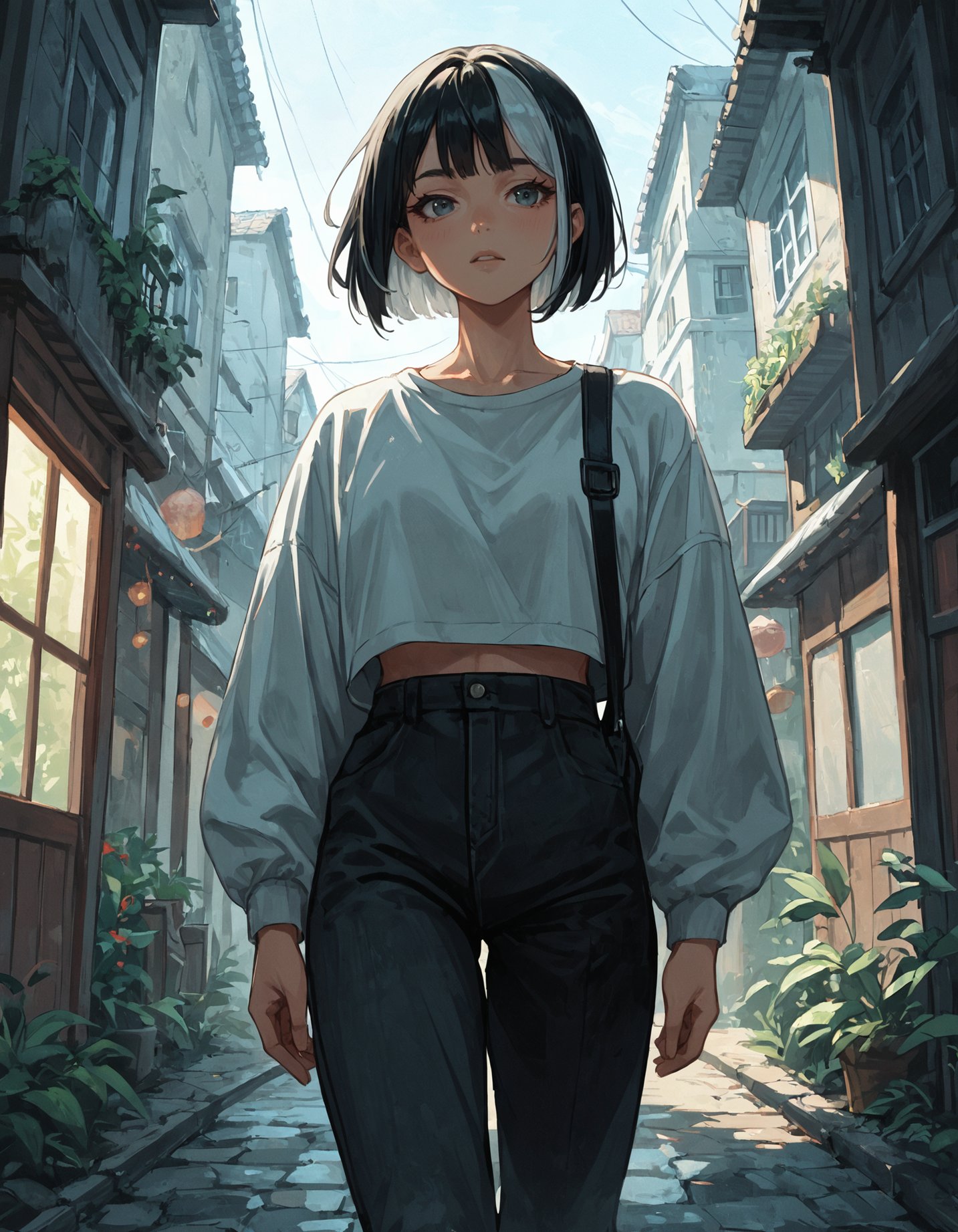 score_9, score_8_up, score_7_up, score_6_up, score_5_up, source_anime, 1girl, older, portrait, black hair, bob cut, white highlights, walking,  looking down,