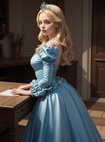 8k, masterpiece, highly detailed, high quality,1girl wearing a blue (princess dress), <lora:princess_dress-SD-2.0:1>,blonde hair, long hair,from side, tiara, bent over, puffy sleeves