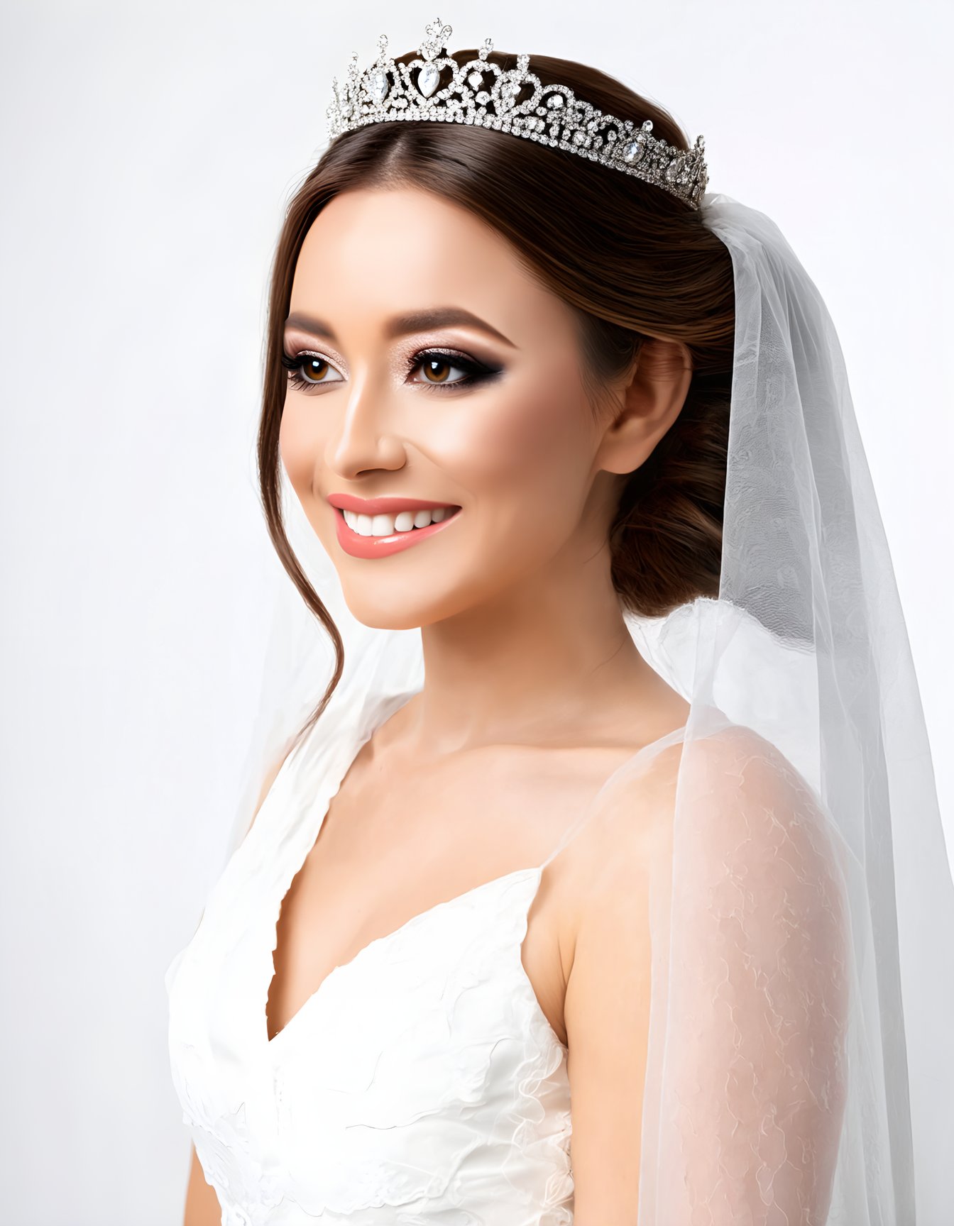 (best quality, 4k, 8k, highres, masterpiece), ultra-detailed, face makeup, cosmetic makeup, woman, looking at viewer, smile, simple background, white background, dress, white dress, black eyes, portrait, crown, tiara, veil, realistic, makeup_slider_v1_sd3m.safetensors