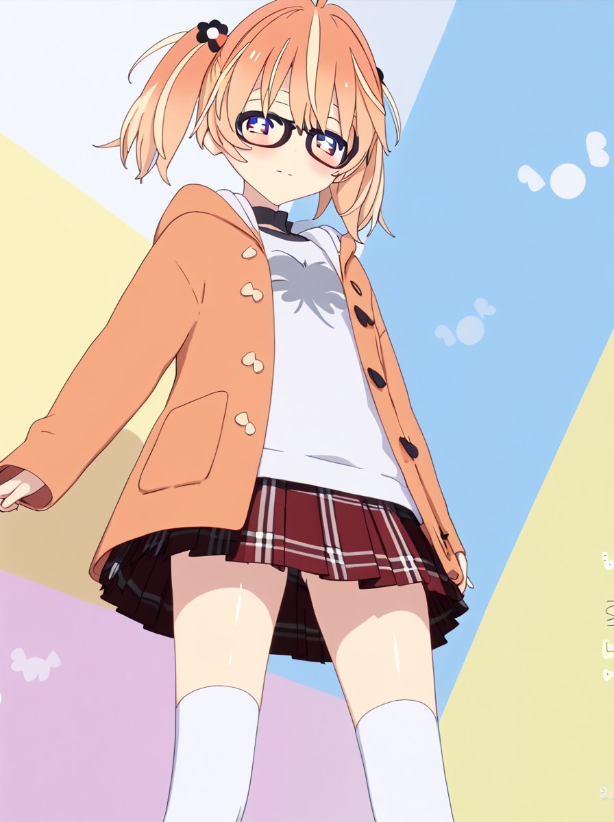 detailed background, shiny skin,<lora:rinrinne.pony:1.0>,rinrinne, glasses, casual clothing, skirts, thighhigh socks, jacket, half-closed eyes, zettai ryouiki, leaning, low angle, 