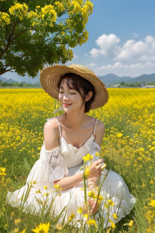 youcaihua,1girl,hat,straw hat,dress,flower,outdoors,solo,sky,field,white dress,smile,day,brown hair,cloud,short hair,tree,black hair,flower field,grass,closed eyes,blue sky,<lora:zhenshixiezhenV1:0.7>,