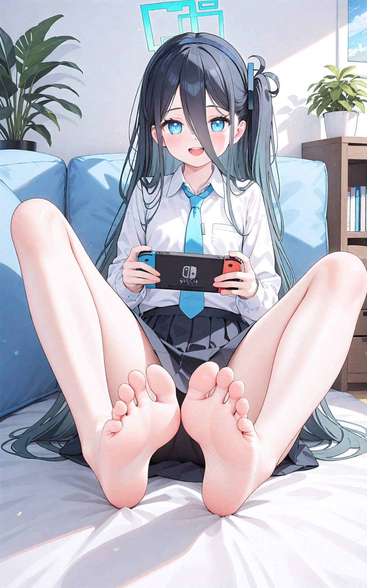 high quality,1girl,aris (blue archive),barefoot,feet,toes,halo,necktie,long hair,nintendo switch,blue eyes,solo,soles,black hair,foot focus,handheld game console,skirt,blue necktie,v,shirt,legs,foreshortening,white shirt,very long hair,indoors,hair between eyes,open mouth,one side up,looking at viewer,upper teeth only,smile,holding handheld game console,holding,knees apart feet together,bare legs,teeth,collared shirt,black skirt,hairband,spread toes,potted plant,long sleeves,plant,couch,