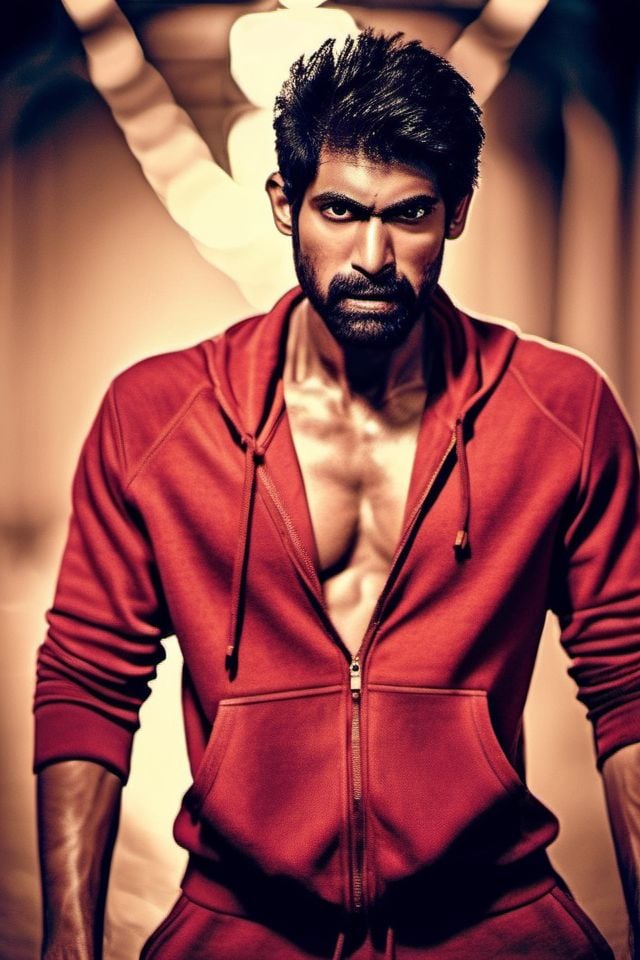 Sendhil Ramamurthy a man ,  realistic photo in a worn ((skin-revealing skimpy erotic red tracksuit,  massive hairy pecs))...