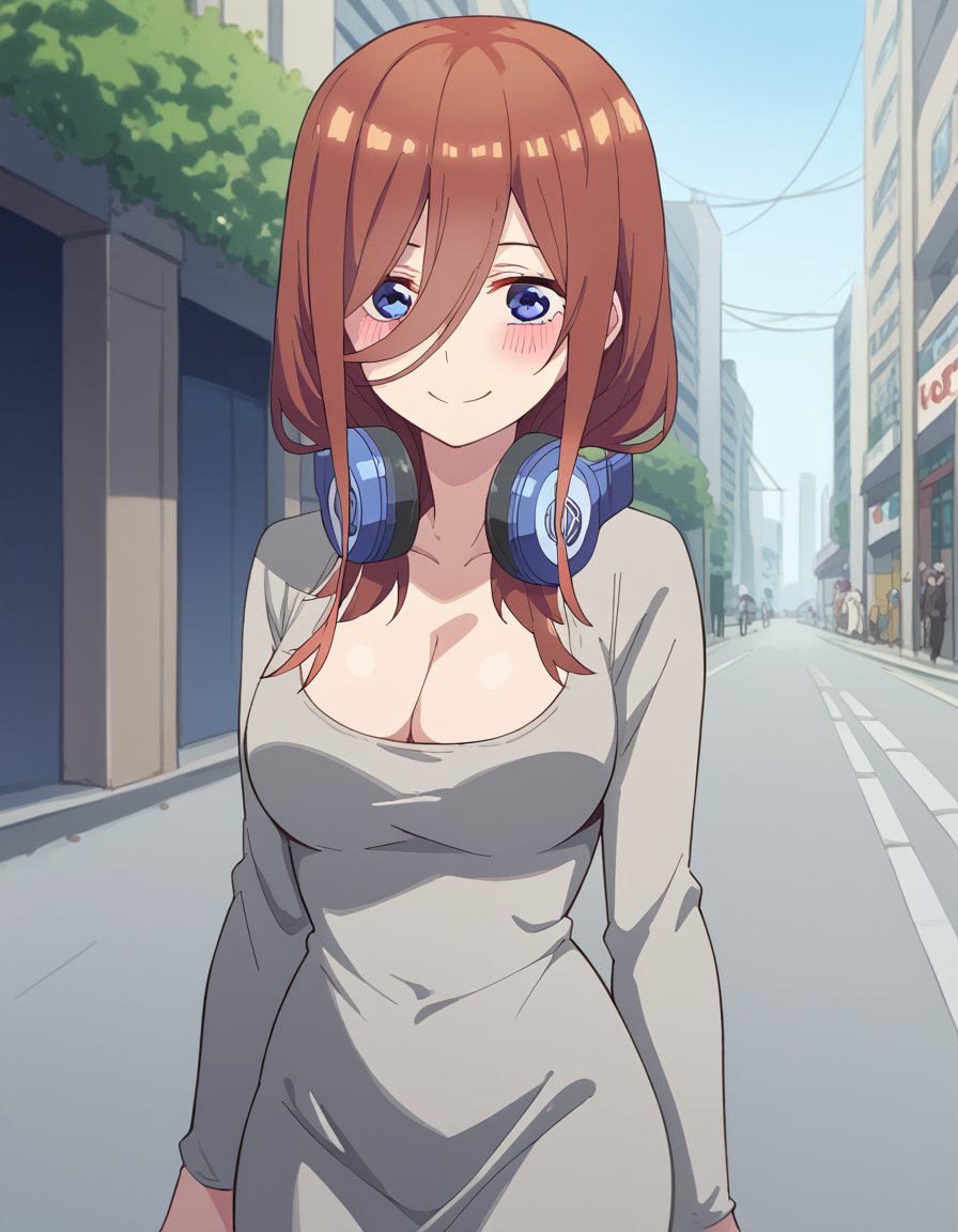 score_9, score_8_up, score_7_up, source_anime, mikunakano, <lora:miku-nakano-s2-ponyxl-lora-nochekaiser:1>, miku nakano, long hair, bangs, blue eyes, brown hair, hair between eyes, headphones, headphones around neck,, <lora:dongtan-dress-ponyxl-lora-nochekaiser:1>, dongtan dress, cleavage, taut dress, grey dress, collarbone,, outdoors, street, blush, smile,, cowboy shot, dutch angle,