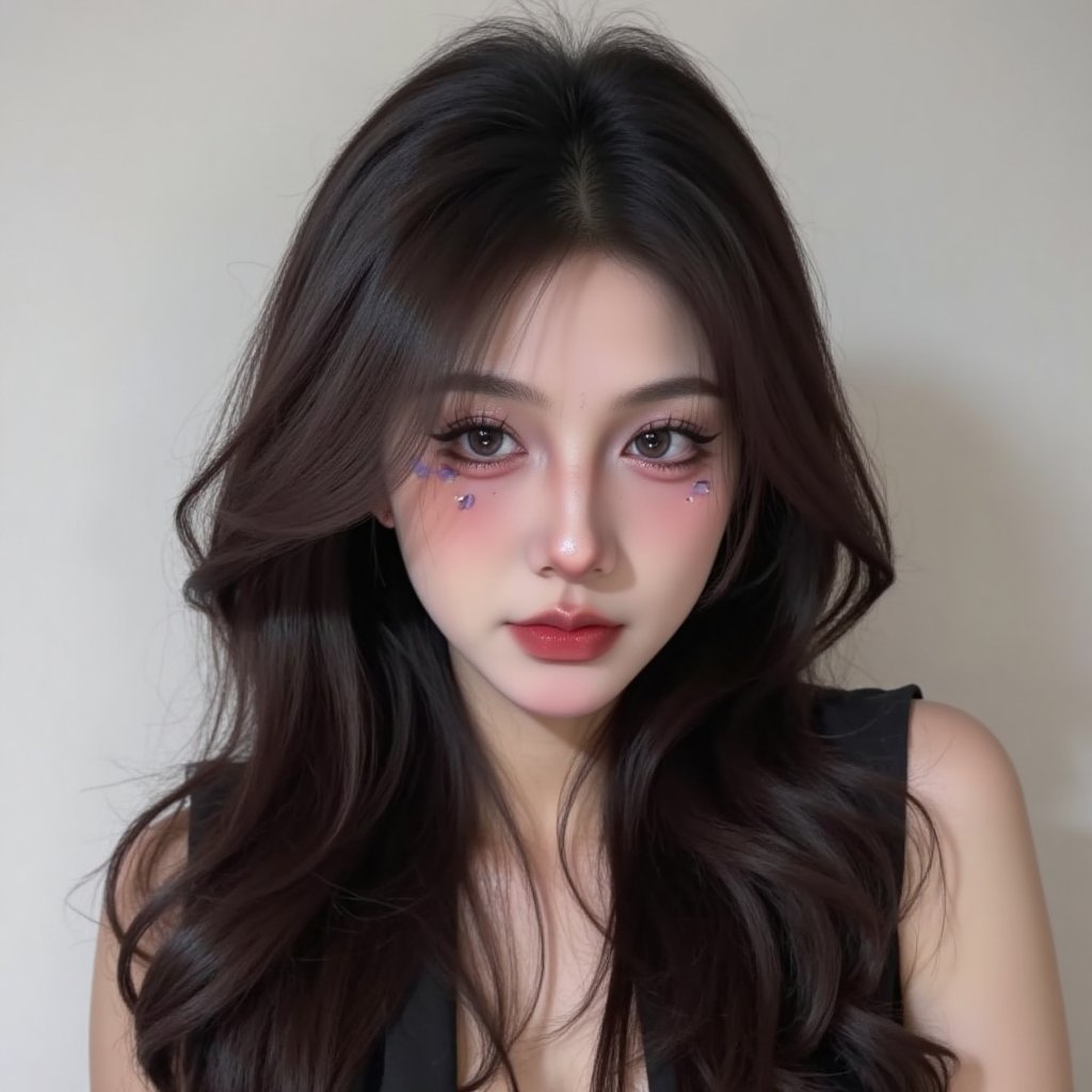 This photo is a portrait of a young woman with long dark hair,  wearing a black sleeveless vest,  short jeans by AI米可 on T...