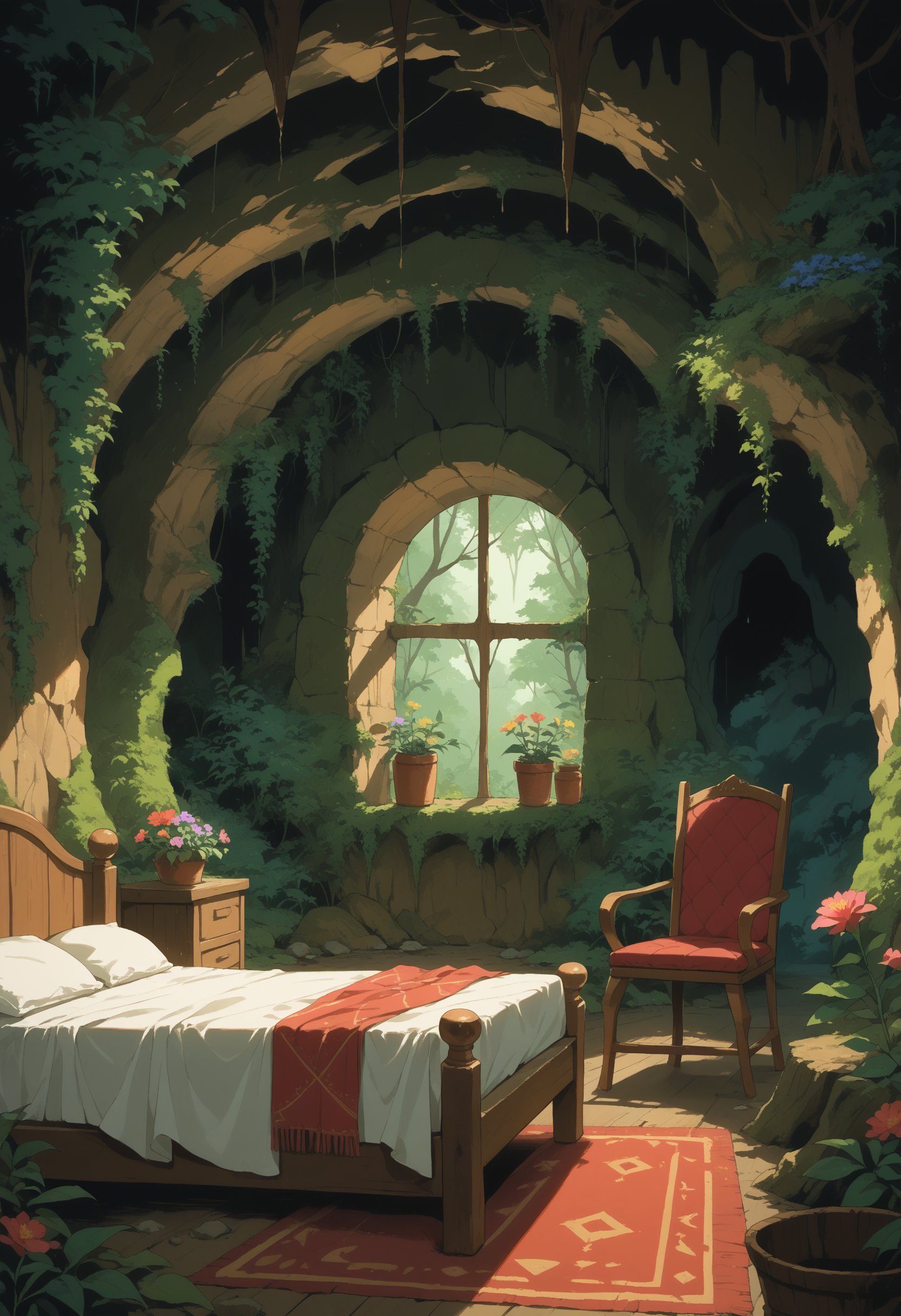 score_9, score_8_up, score_7_up, source_anime, cave, forest, a cave surrounded by trees, bed, chair, room, window, flower, no humans, 